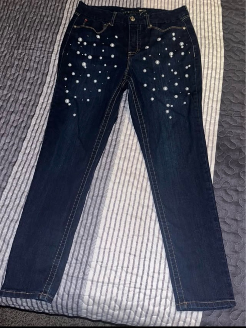 Seven7 Dark Blue Skinny Jeans with Pearl Accents